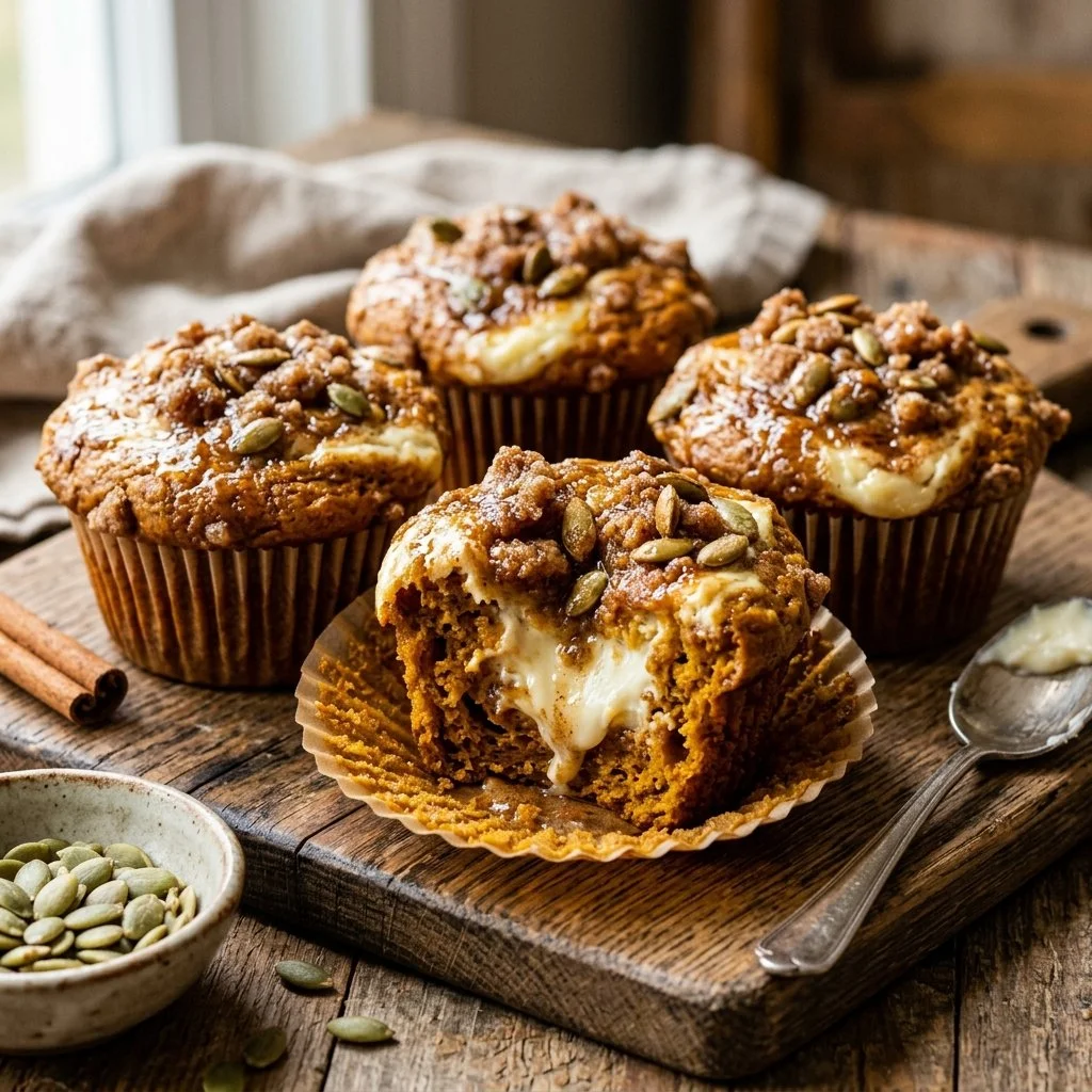 Freshly baked Pumpkin Cream Cheese Muffins with a creamy filling