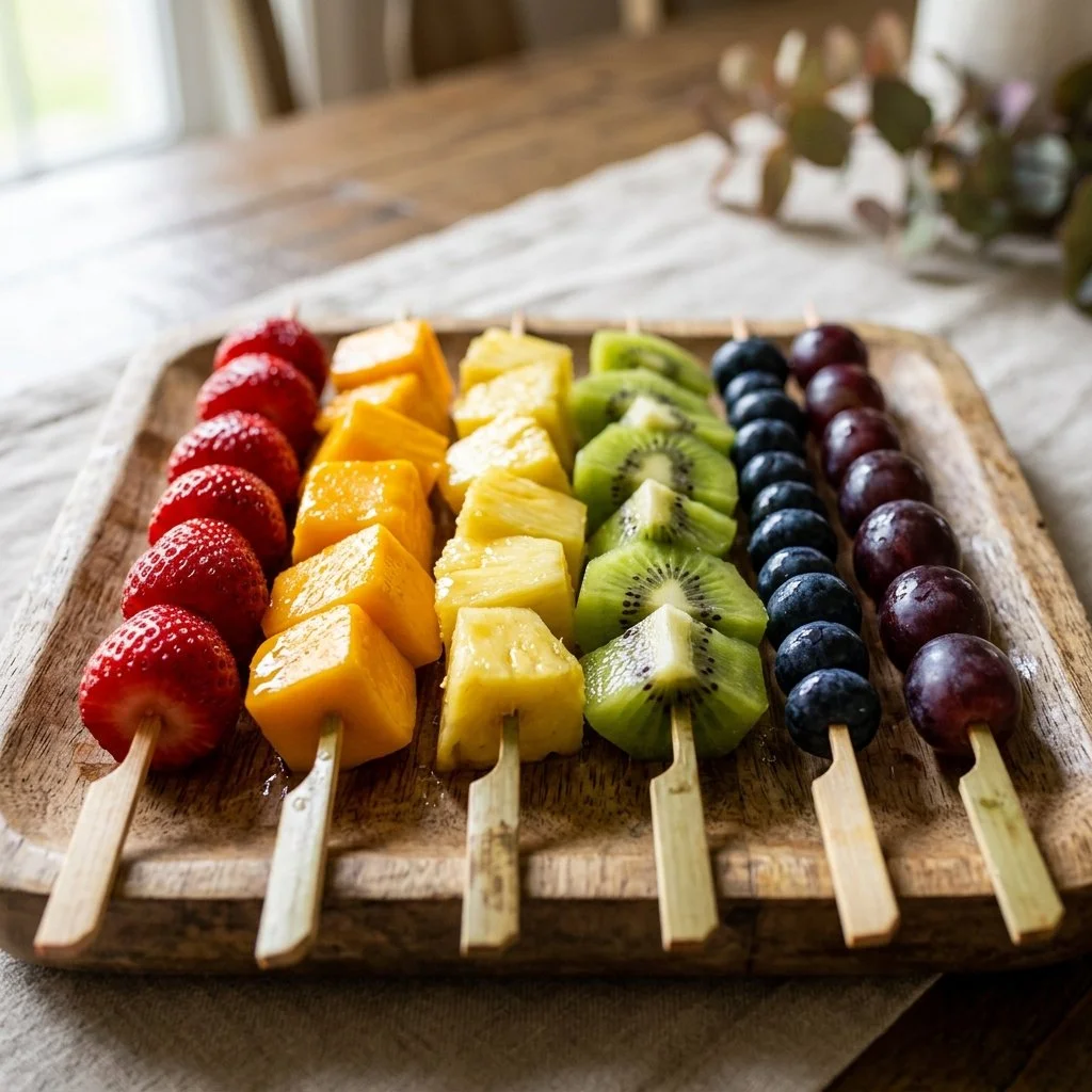 Colorful rainbow fruit kabobs arranged on a platter