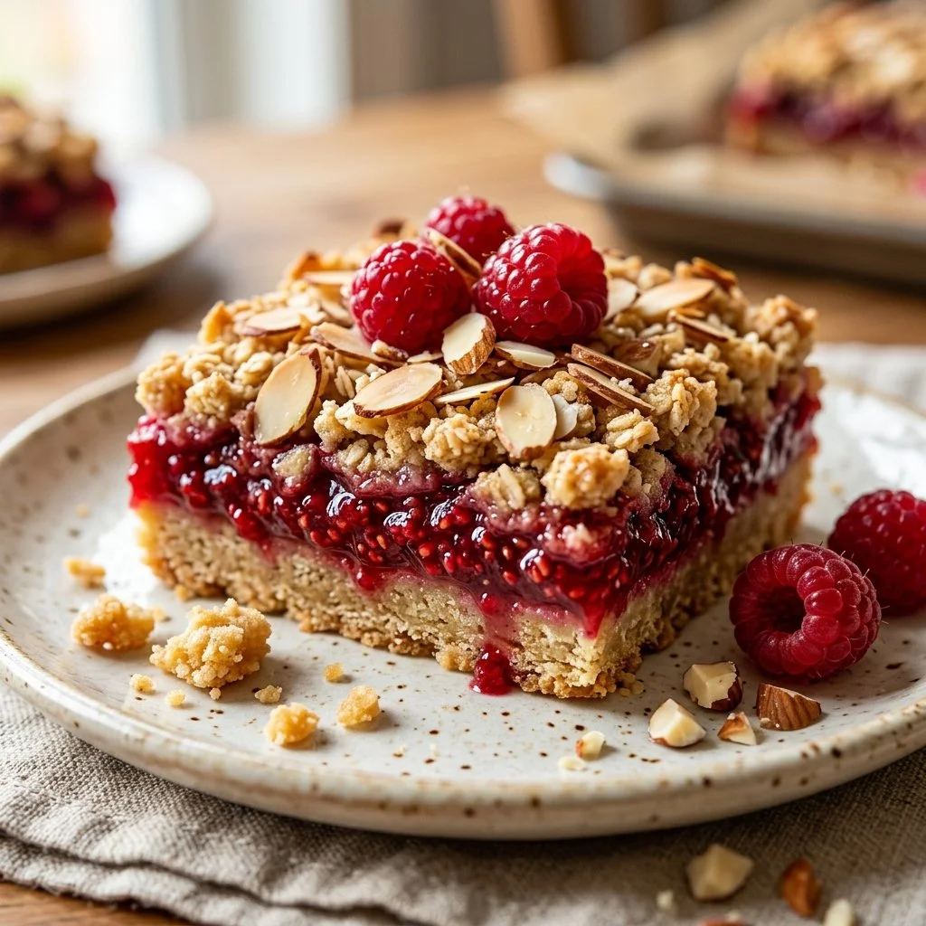 Delicious Raspberry Almond Bars with a crumbly almond topping and fresh raspberries.