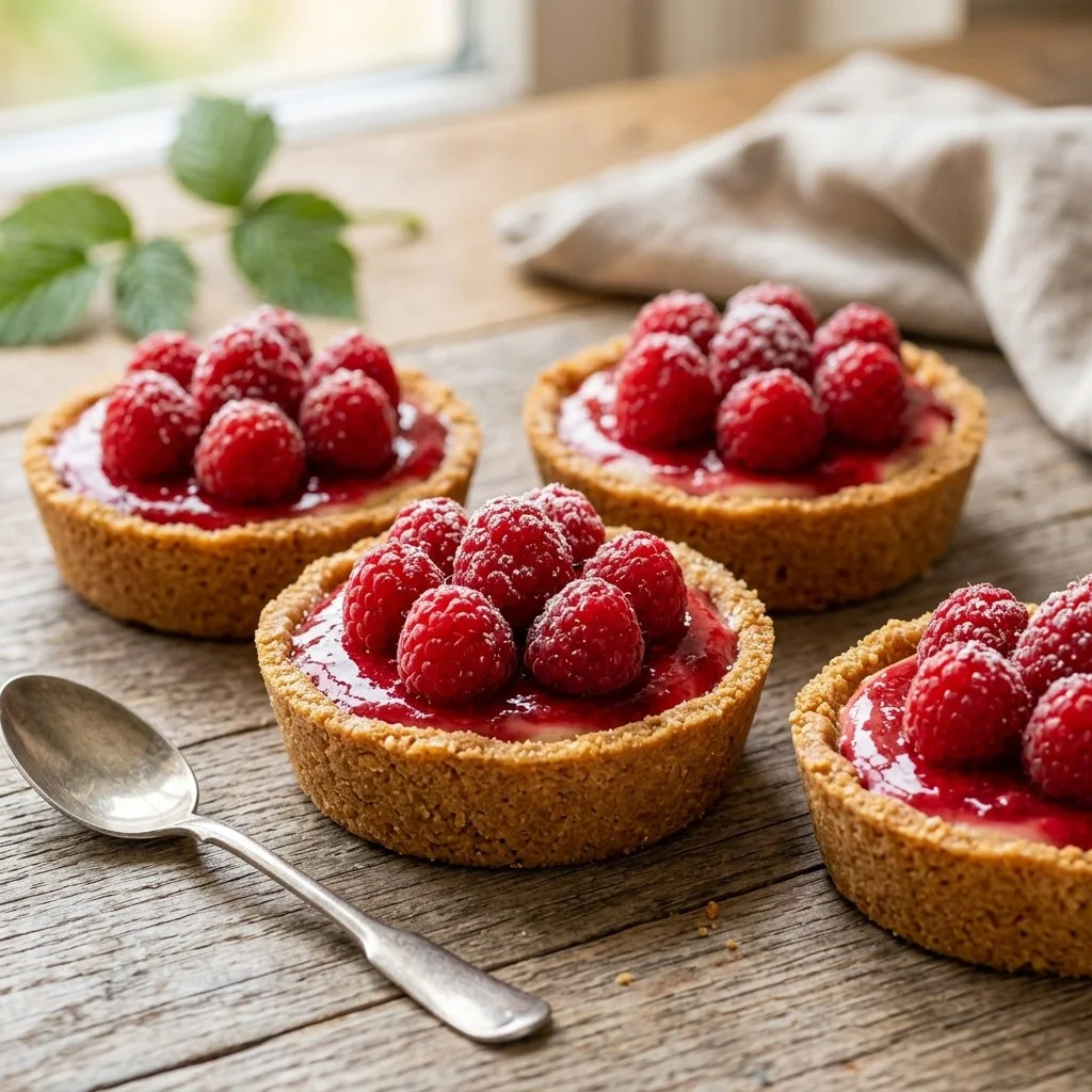 Delicious raspberry cheesecake tarts topped with fresh raspberries