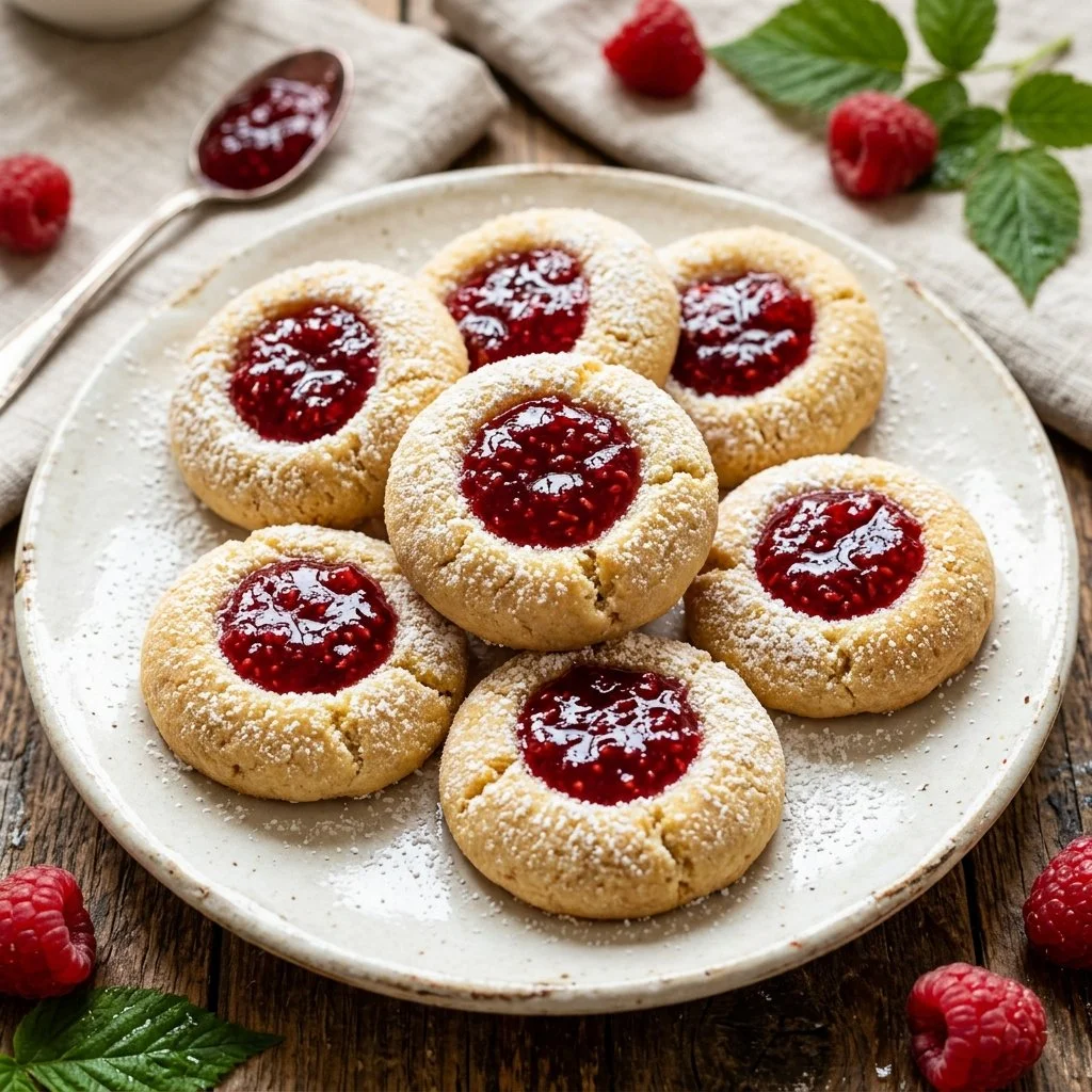 Delicious Raspberry Jam Thumbprints cookies on a plate