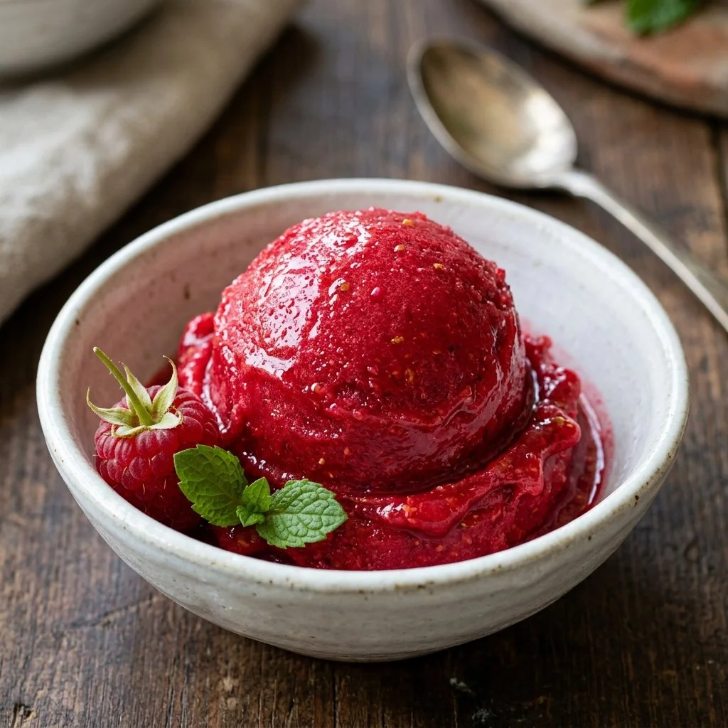 Bowl of refreshing Raspberry Lemon Sorbet garnished with fresh raspberries and lemon zest