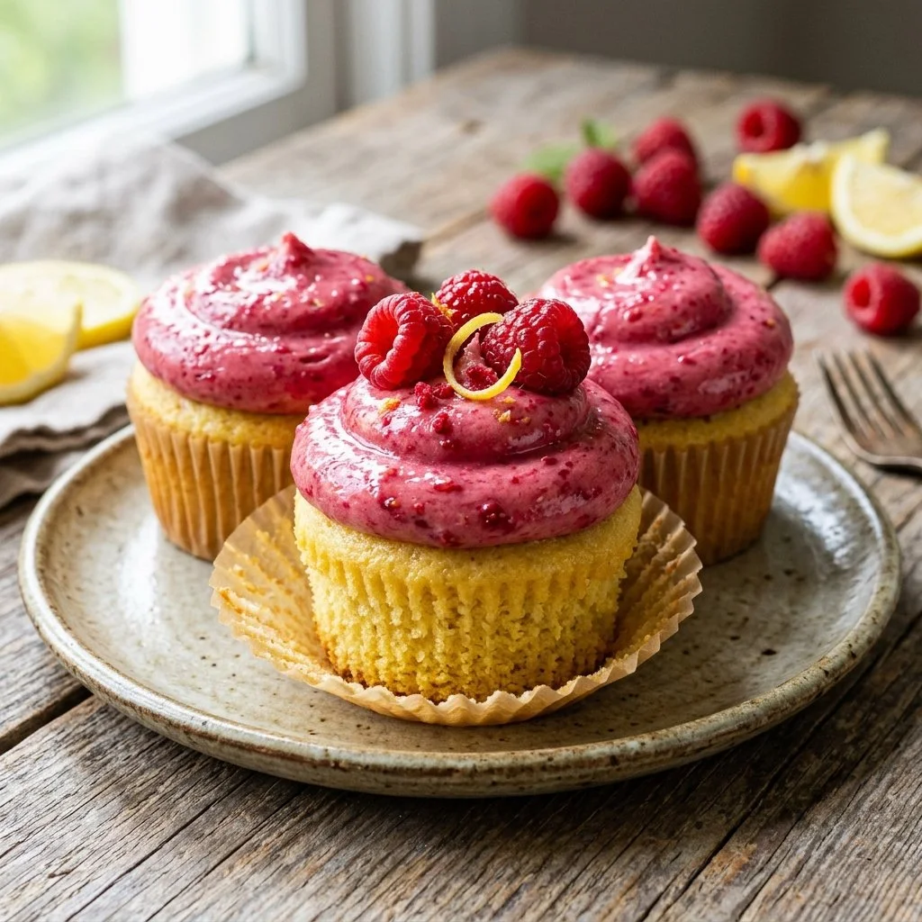 Delicious Raspberry Lemonade Cupcakes topped with creamy lemon frosting and fresh raspberries.