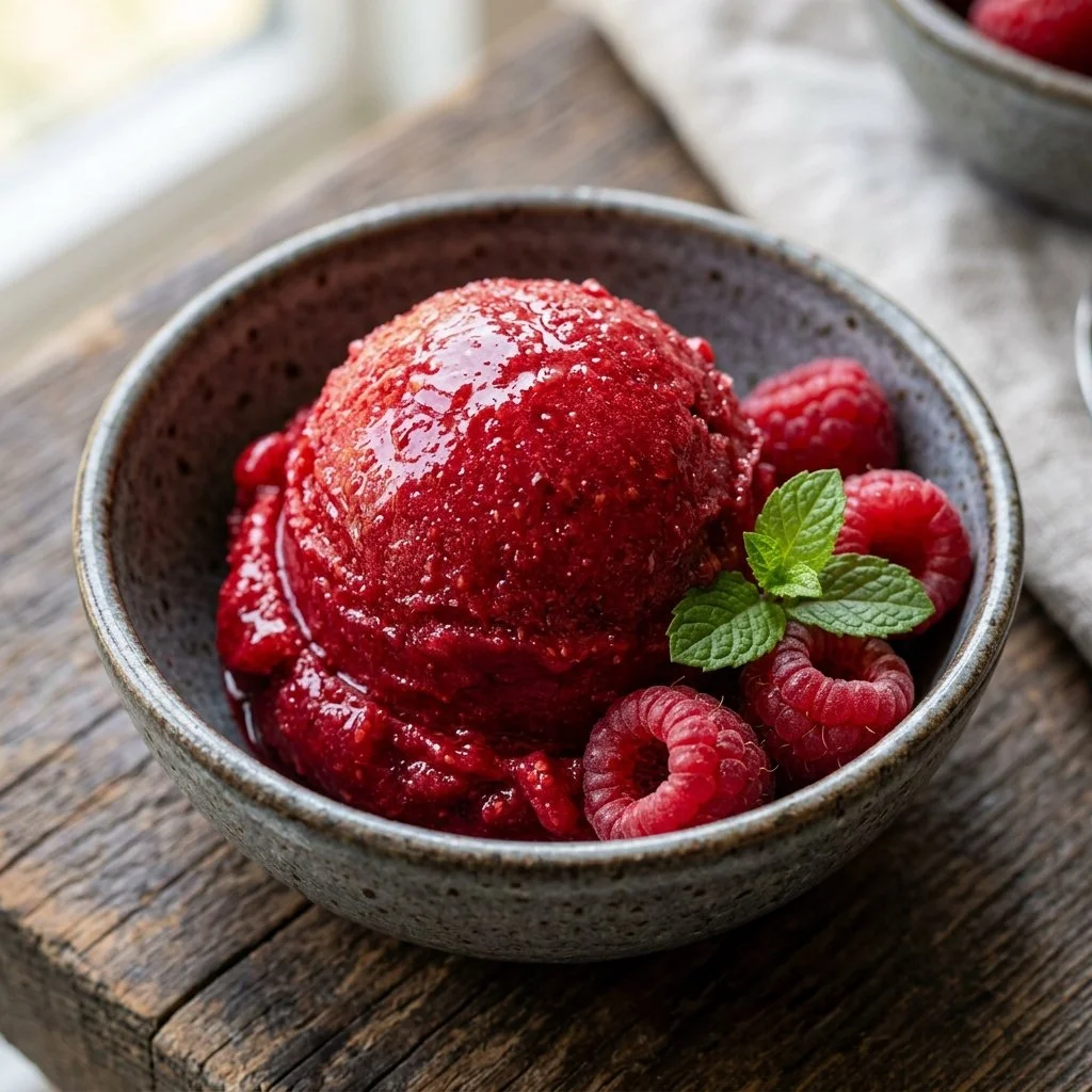 Delicious bowl of homemade raspberry sorbet garnished with fresh raspberries