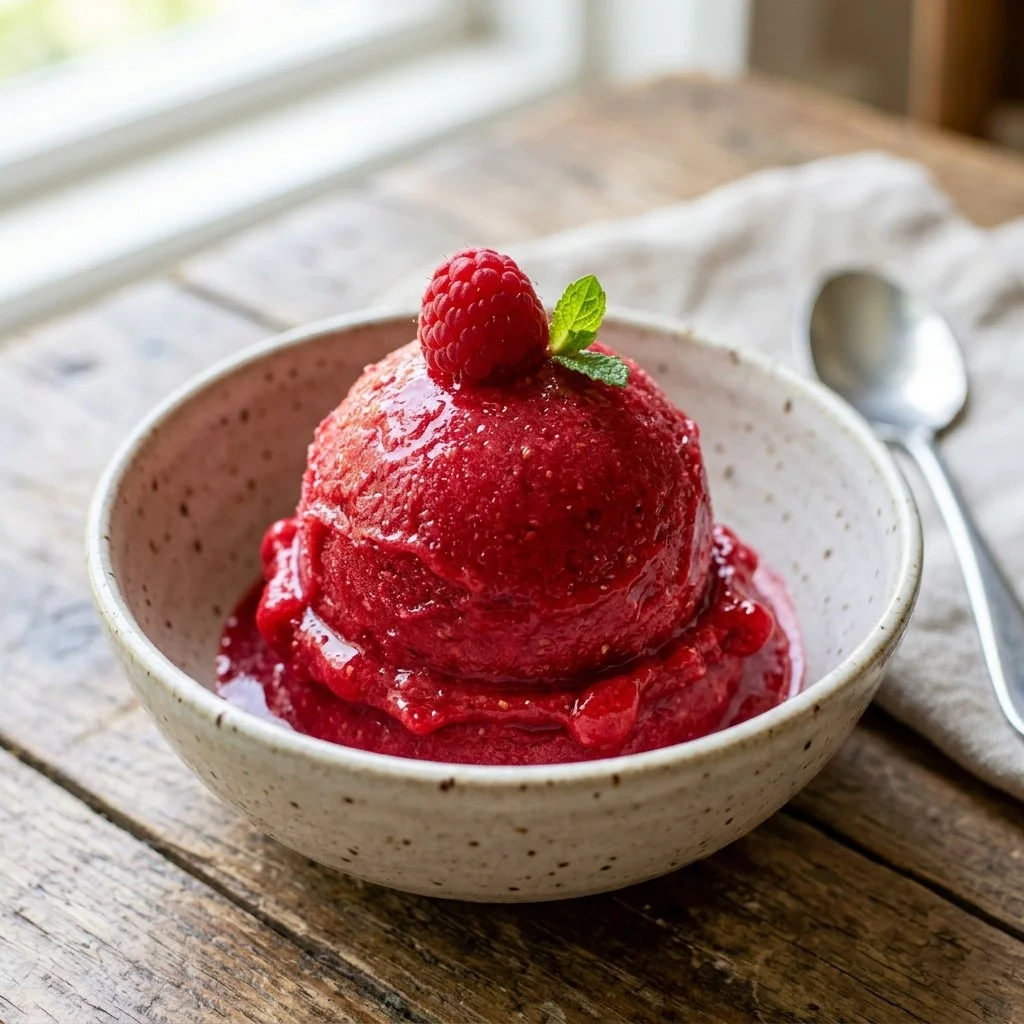 Delicious homemade raspberry sorbet in a bowl, topped with fresh raspberries.