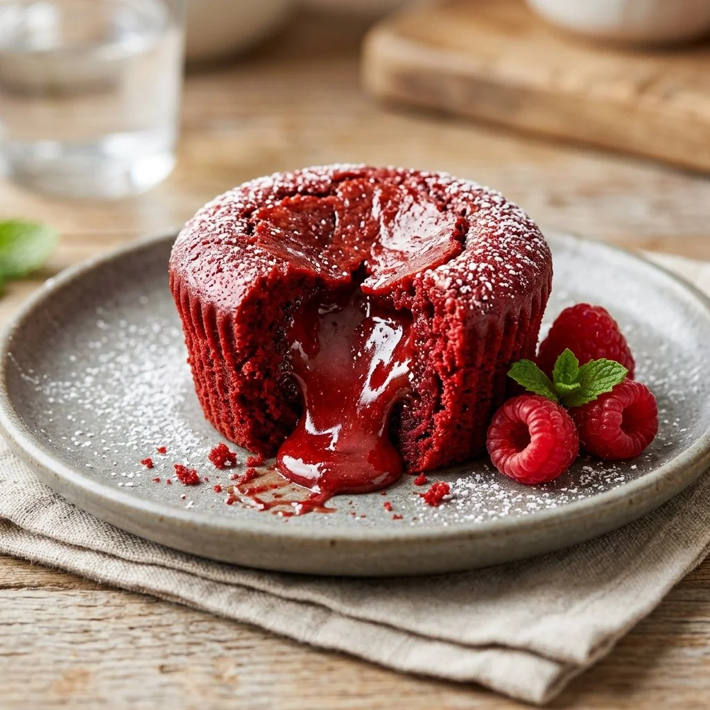 Delicious Red Velvet Lava Cake with molten chocolate center and cream cheese frosting