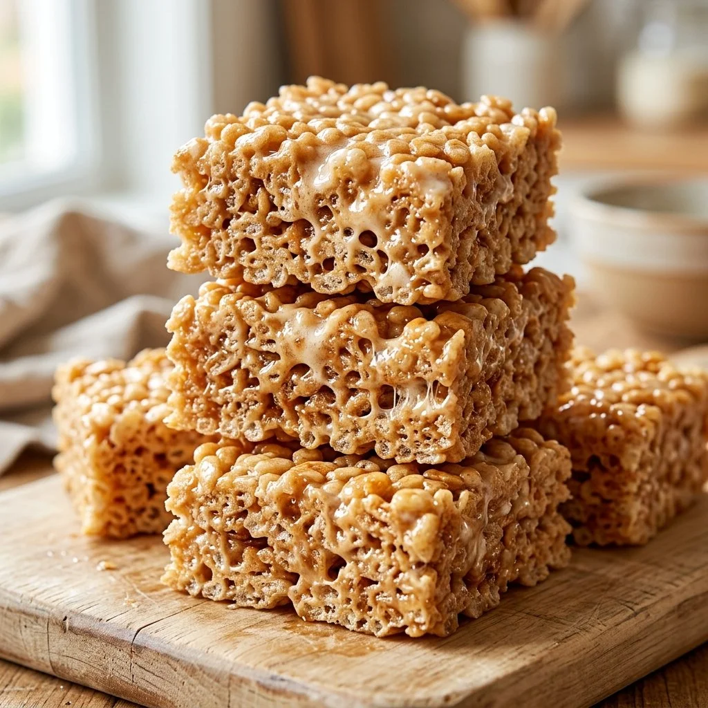 Homemade Rice Krispie Treats stacked on a plate