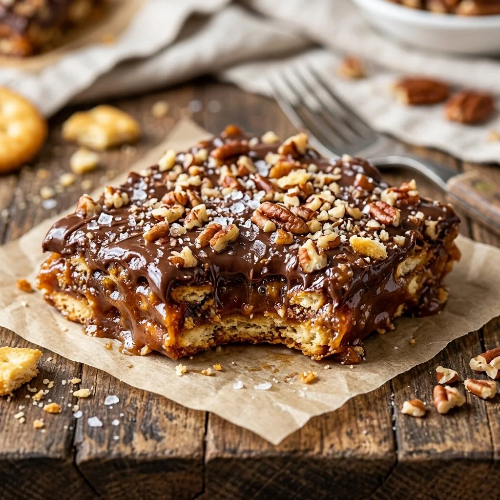 Delicious Ritz Cracker Toffee drizzled with chocolate and sprinkled with nuts.