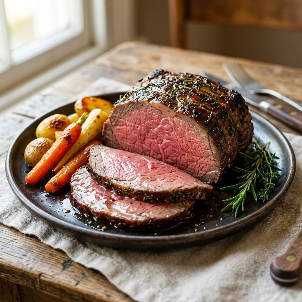 A succulent slice of roast beef served with gravy and vegetables on a plate.