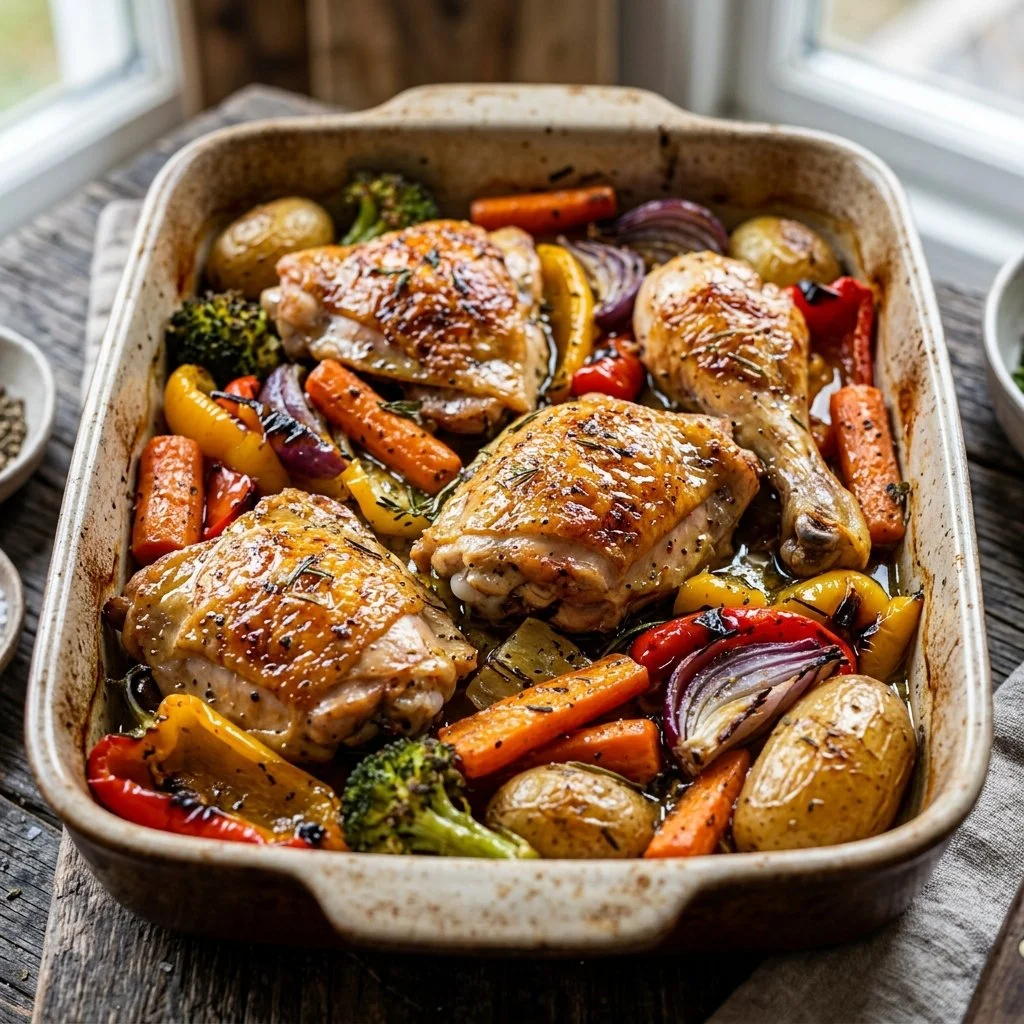 Delicious roasted chicken and colorful vegetables on a serving platter