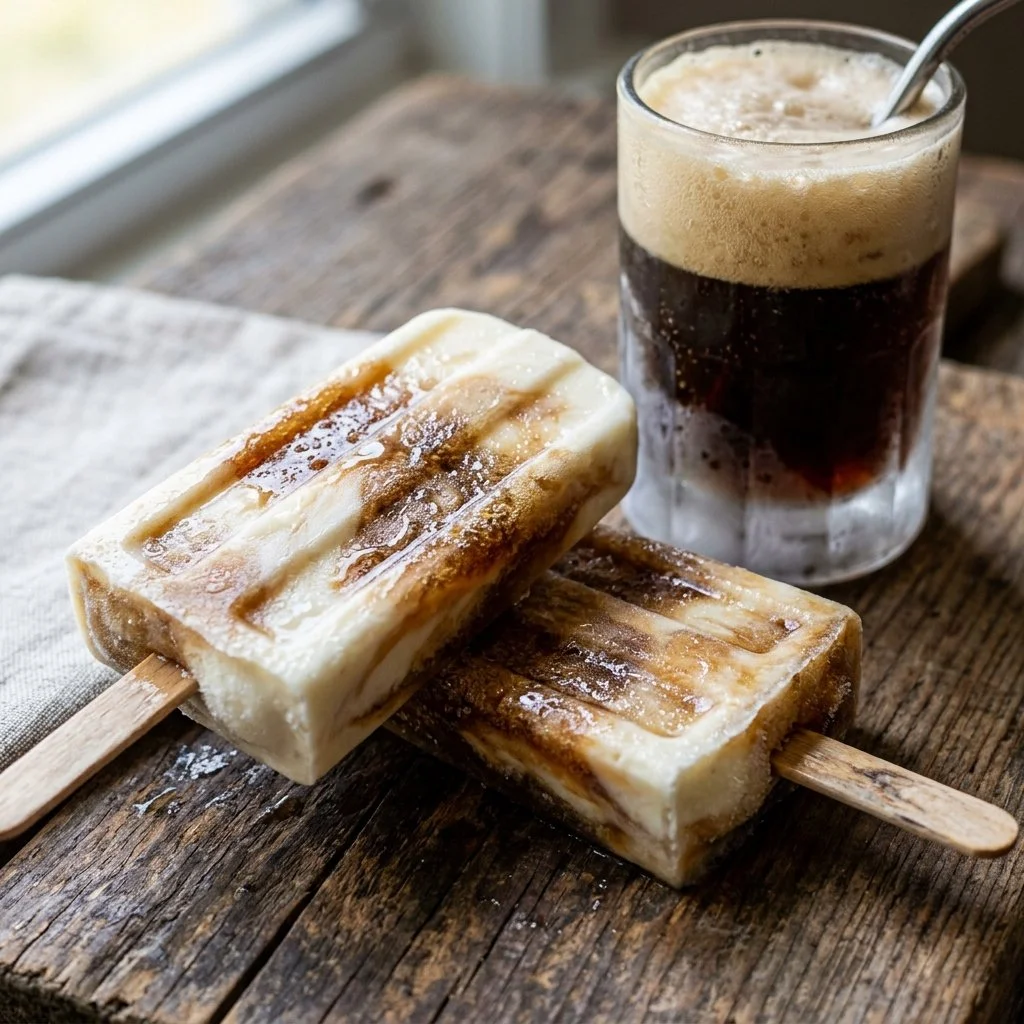 Delicious Root Beer Float Popsicles served in a colorful dish