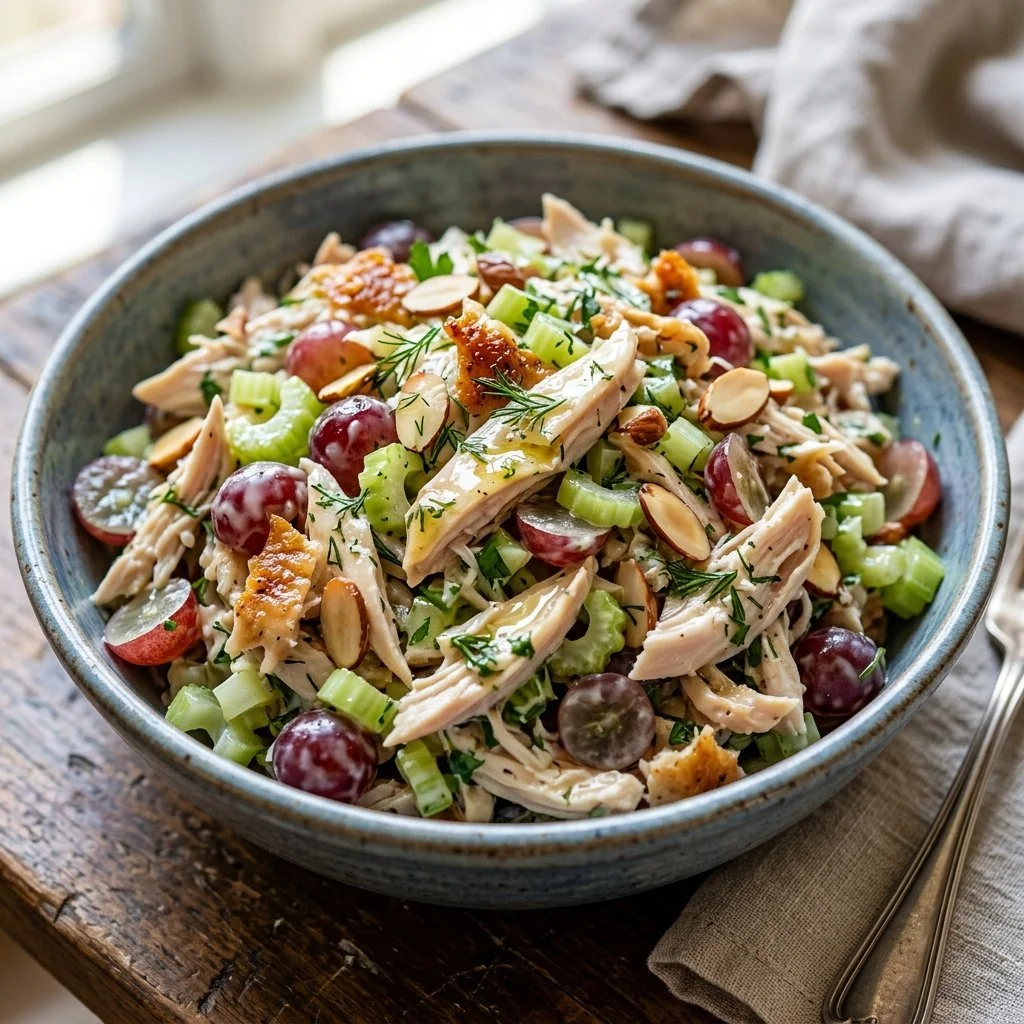 A vibrant bowl of rotisserie chicken salad with fresh vegetables and dressing.