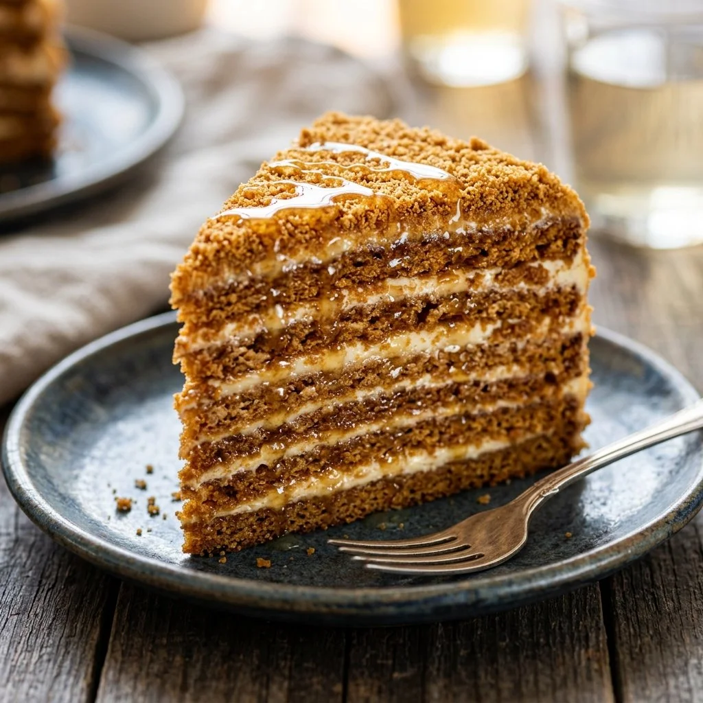 Russian Honey Cake with layers of honey sponge and creamy filling