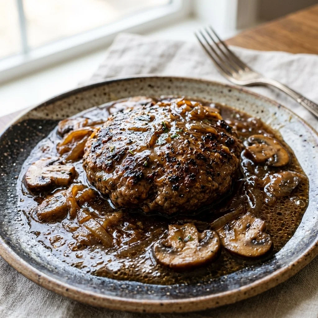 Delicious Salisbury steak served with gravy and mashed potatoes