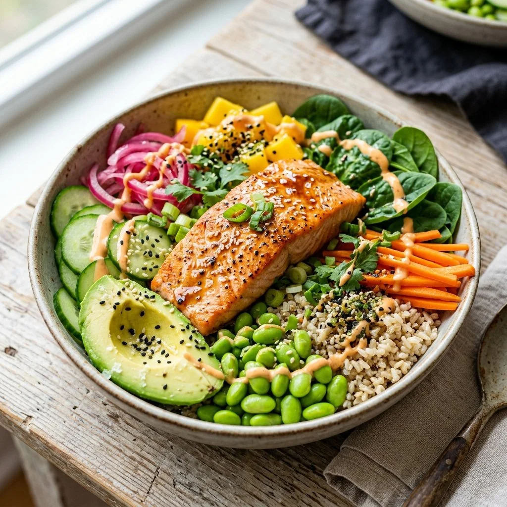Delicious Salmon Buddha Bowl with fresh vegetables and grains.