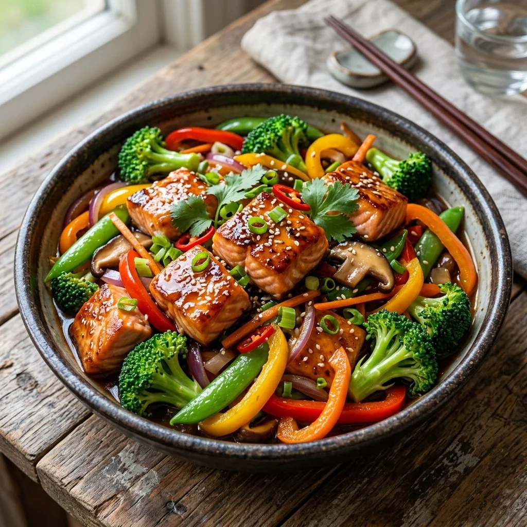 Delicious Salmon Stir Fry with vegetables in a vibrant dish