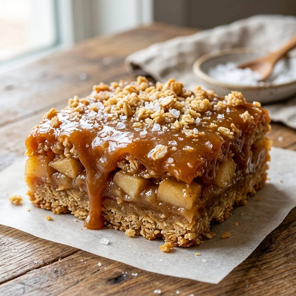 Freshly baked salted caramel apple bars topped with caramel drizzle