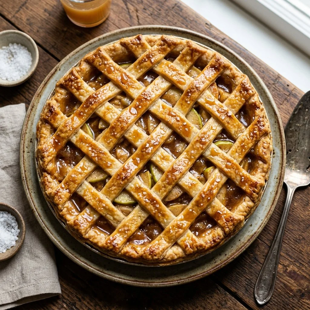 Delicious salted caramel apple pie topped with a swirl of caramel and apples.
