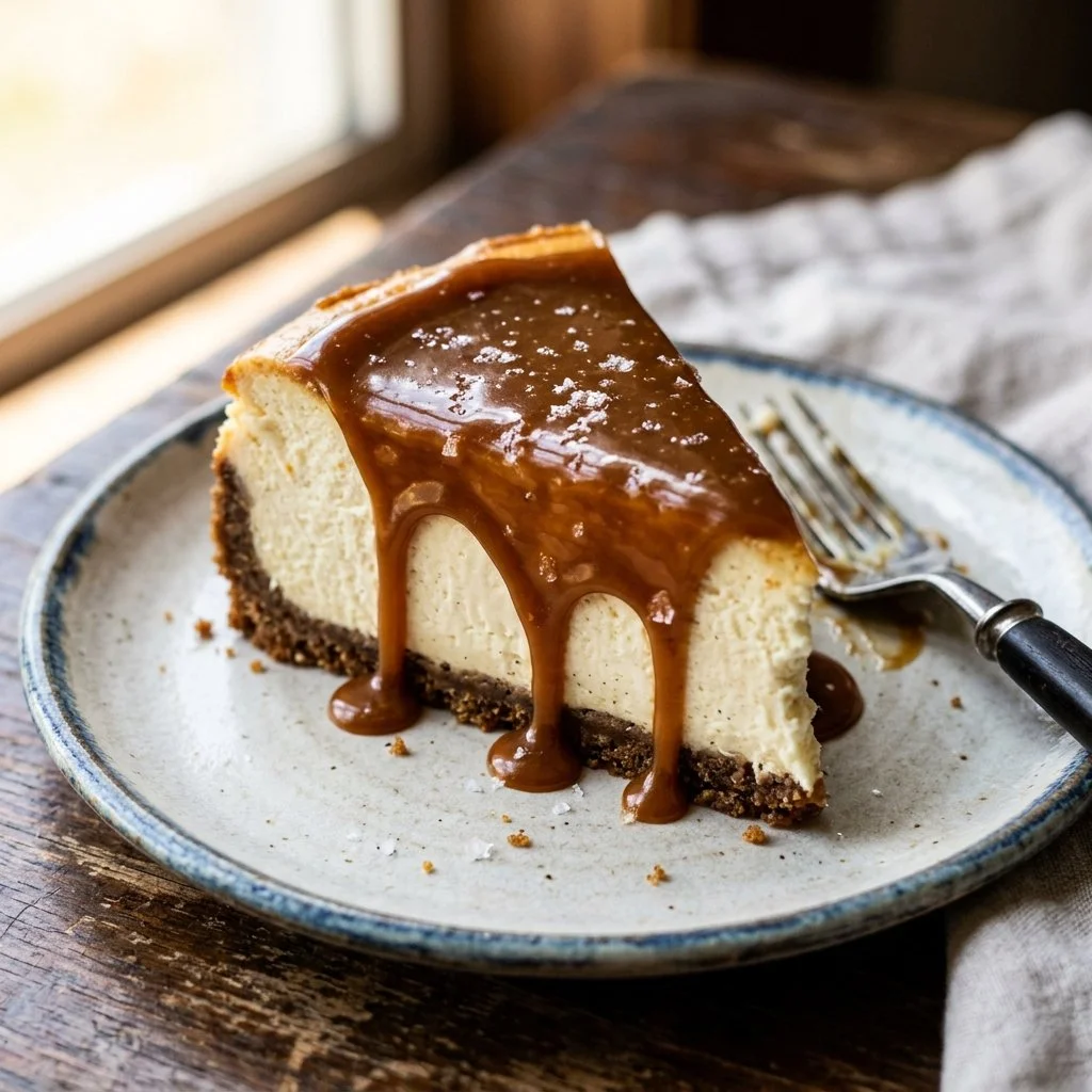 Delicious salted caramel cheesecake topped with drizzled caramel