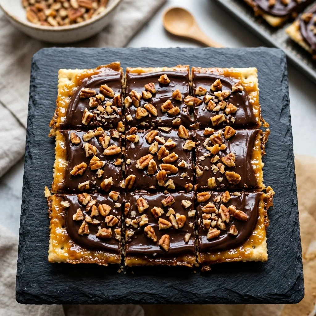 Delicious homemade Saltine Toffee topped with chocolate and nuts