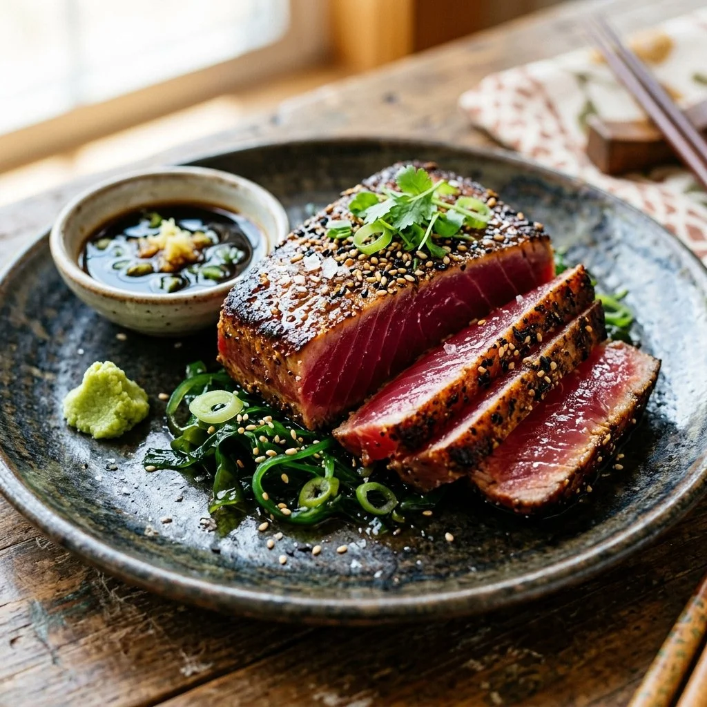 Plated seared Ahi Tuna steak garnished with herbs and sauce