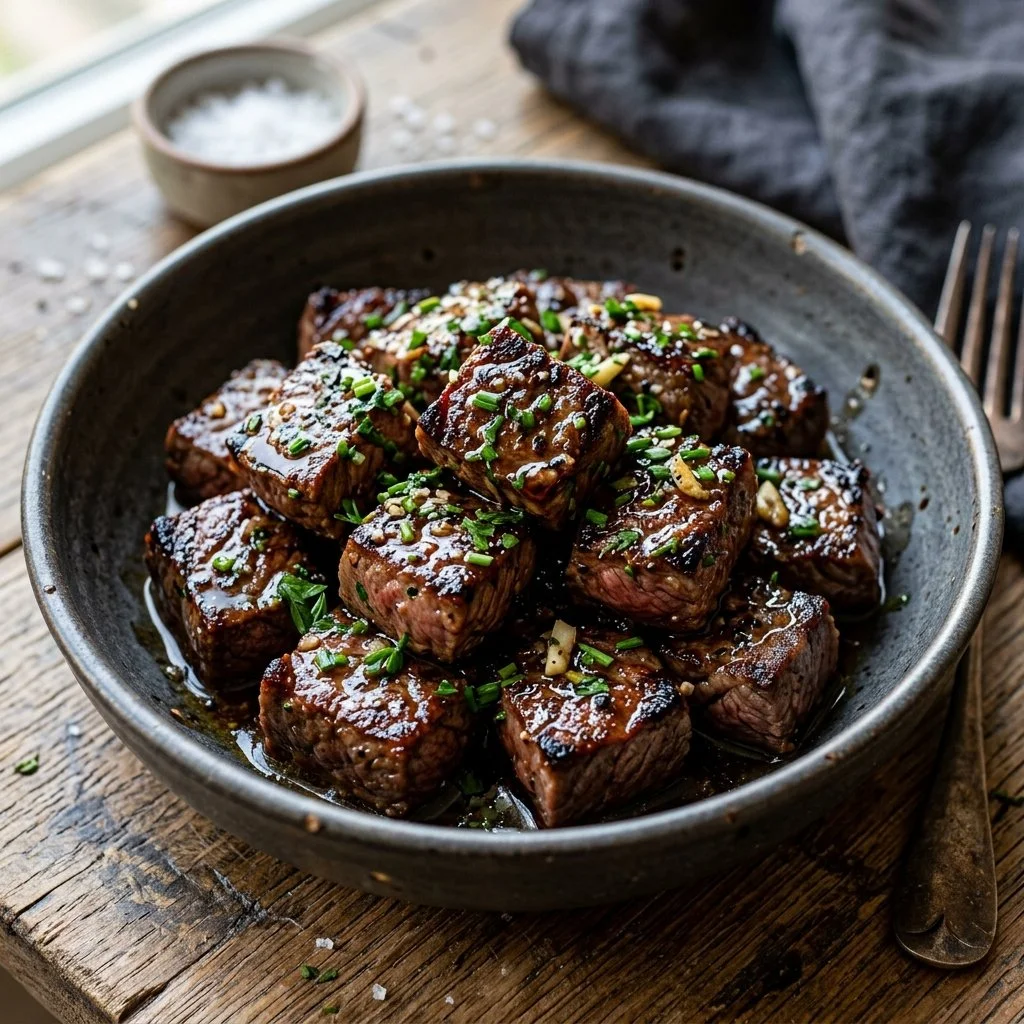 Deliciously seared steak bites served on a plate with garnishes.