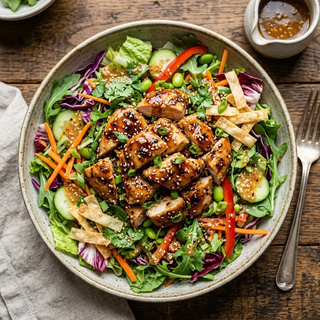 A vibrant Sesame Chicken Salad featuring sesame-flavored chicken and fresh veggies.
