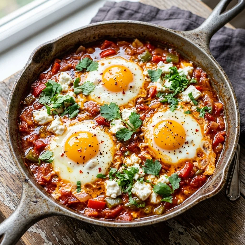 Delicious shakshuka with feta topped with fresh herbs and spices