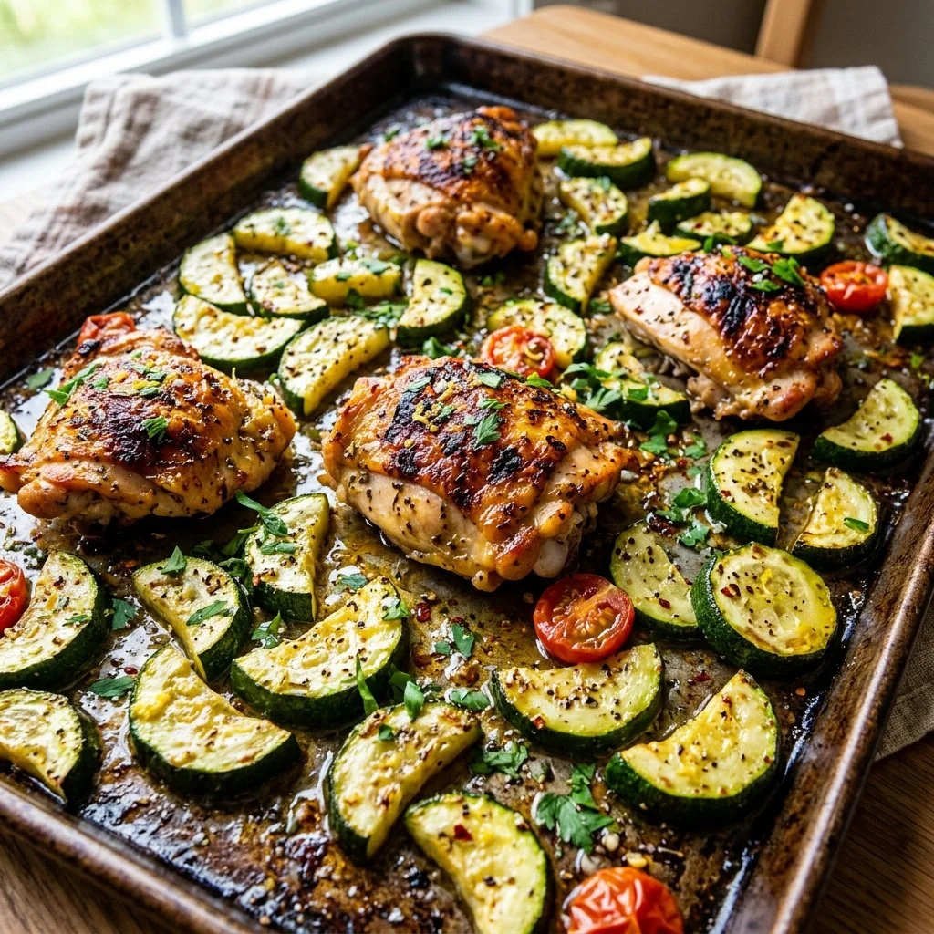 Sheet pan chicken with zucchini, a delicious one-pan meal for easy cooking.