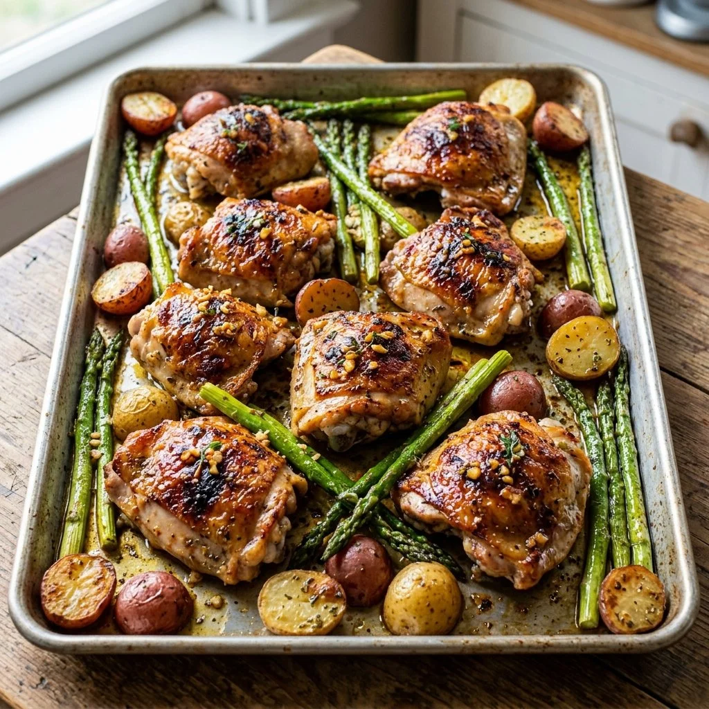 Sheet pan chicken thighs roasted with vegetables for a quick dinner