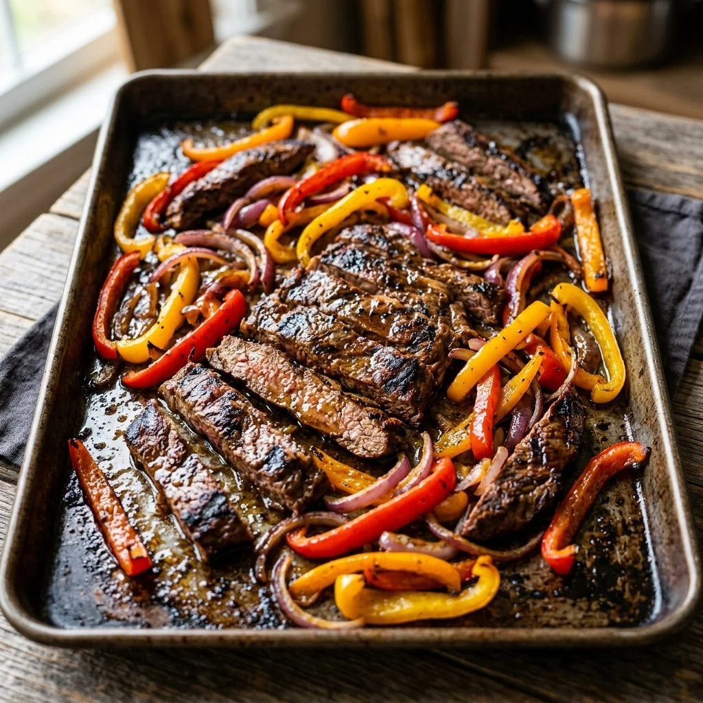 Delicious sheet pan fajitas with colorful peppers and seasoned chicken.