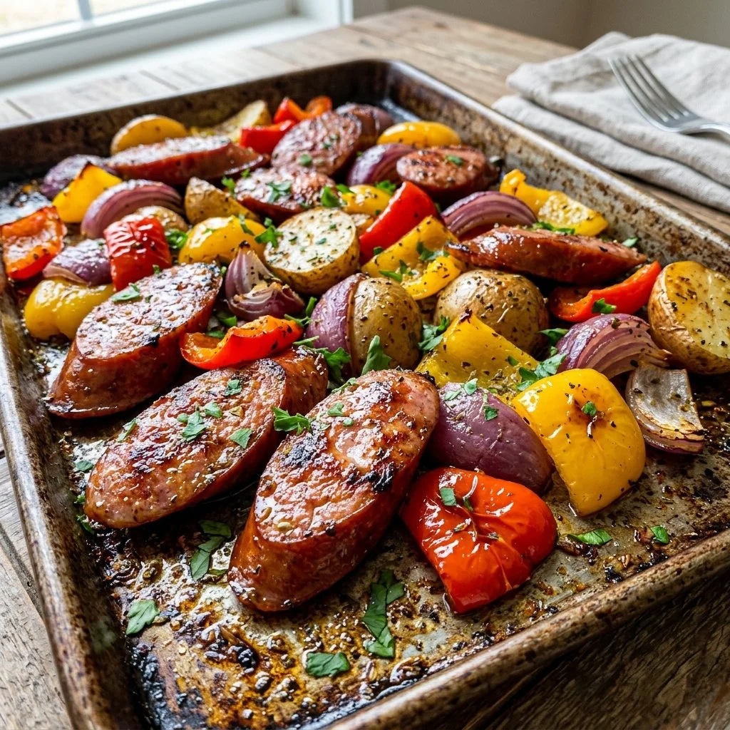 Delicious Sheet Pan Kielbasa with colorful vegetables ready to serve.