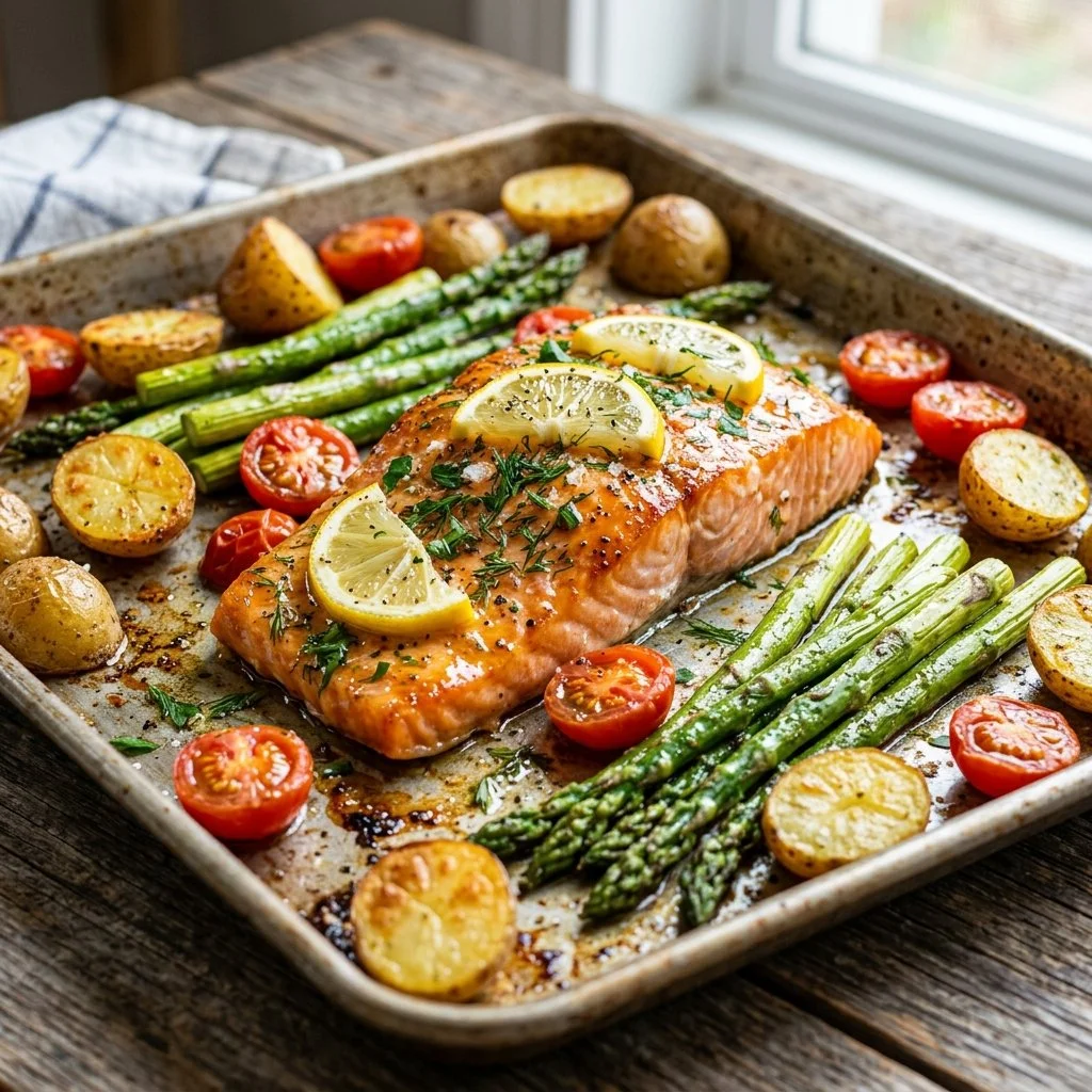 Sheet pan salmon with vegetables, healthy dinner recipe, easy cooking method