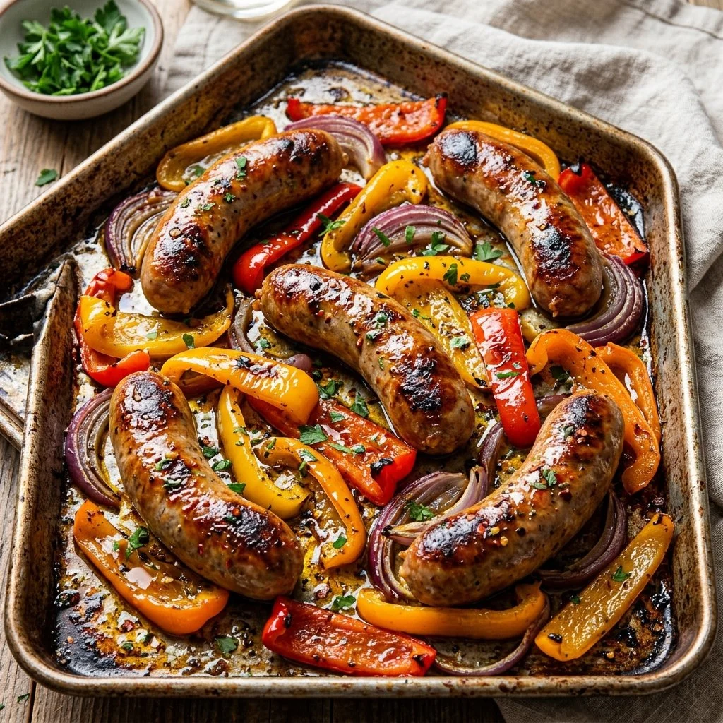 Delicious sheet pan sausage peppers dish ready to serve.