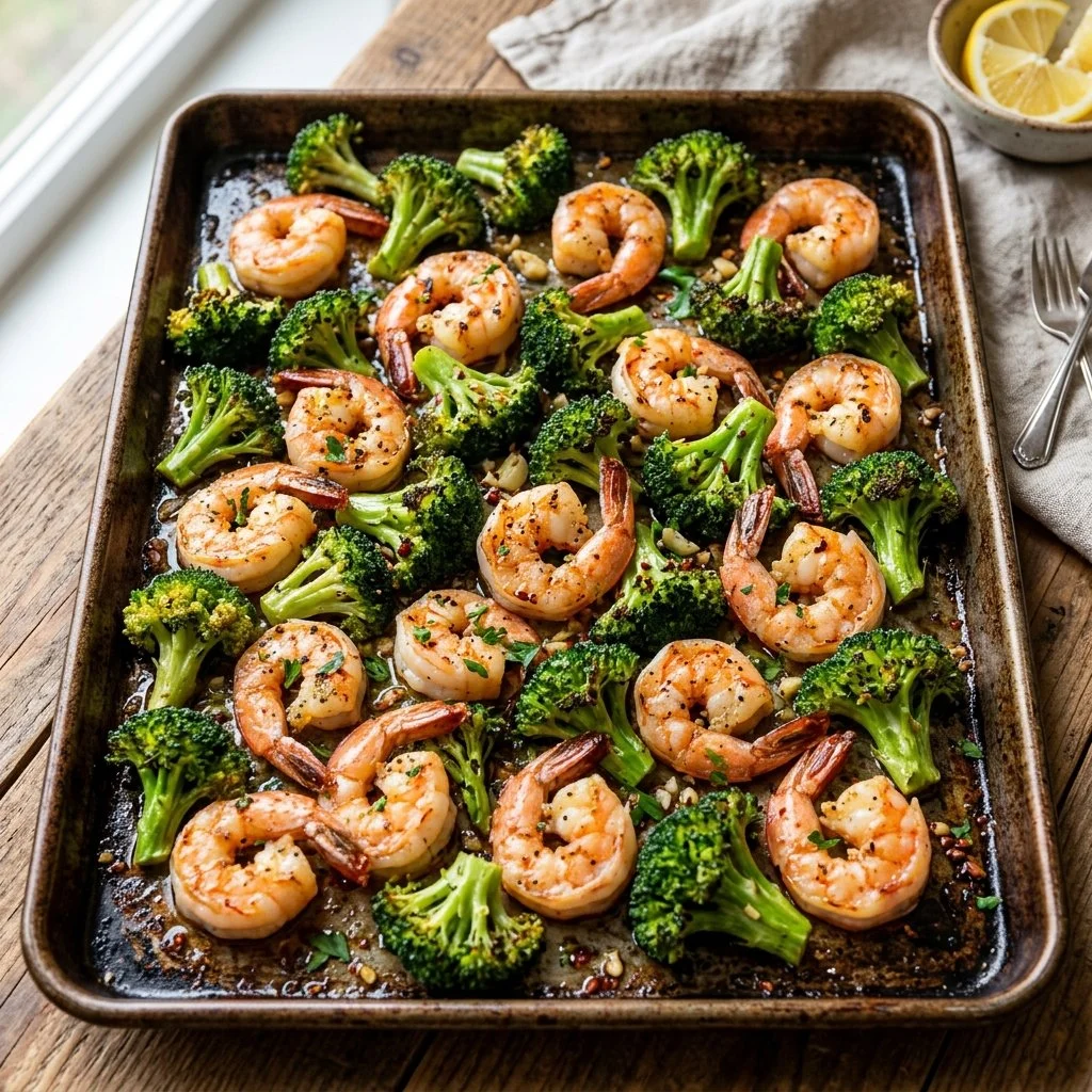 Delicious sheet pan shrimp and broccoli ready to serve for dinner