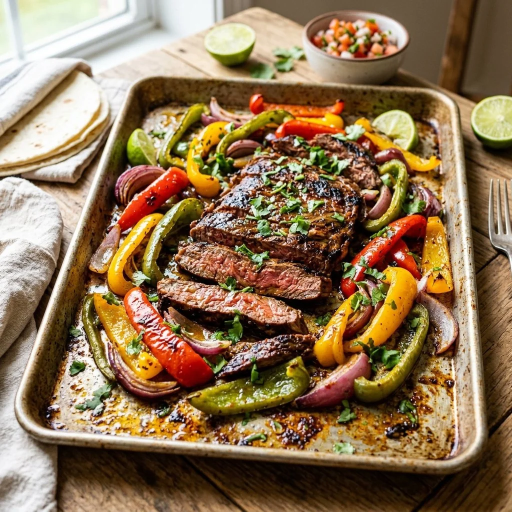 Delicious sheet pan steak fajitas with colorful peppers and onions