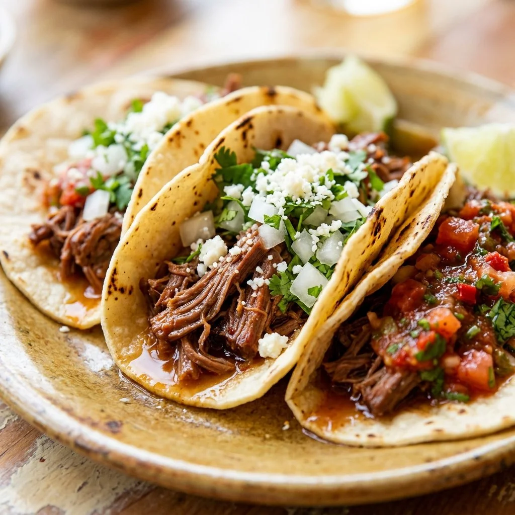 Delicious shredded beef tacos served with fresh toppings and garnishes.