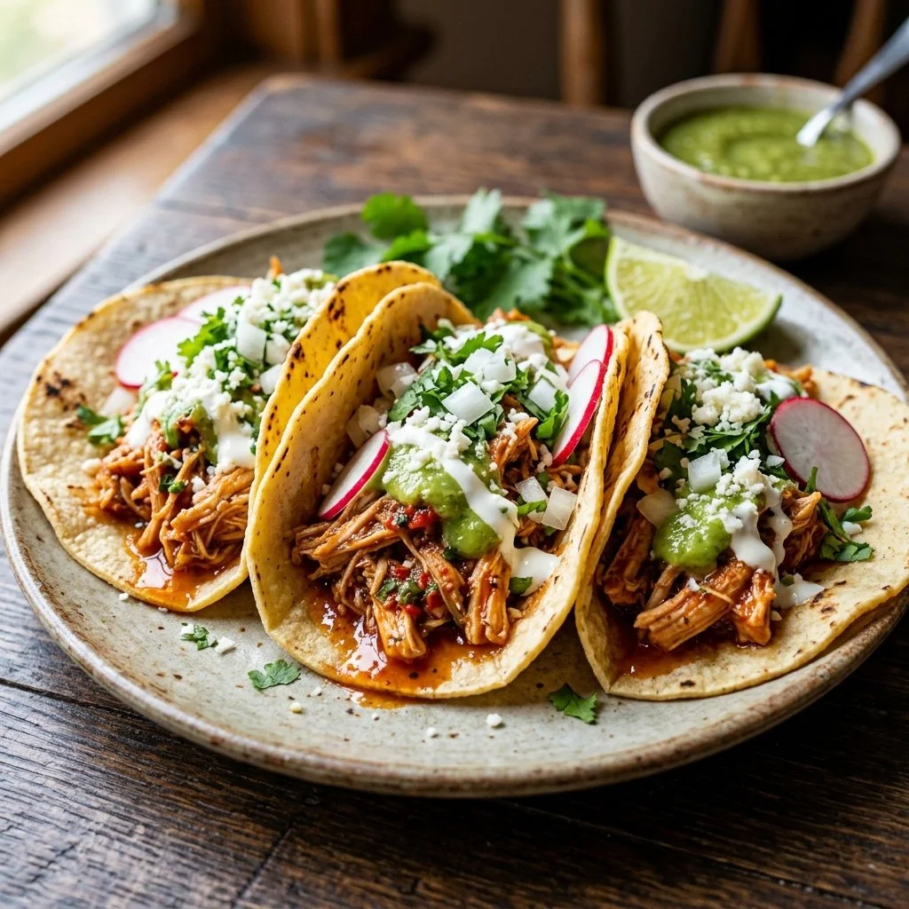 Delicious shredded chicken tacos garnished with fresh toppings