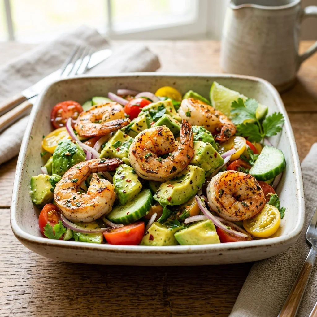 Delicious shrimp and avocado salad served fresh in a bowl