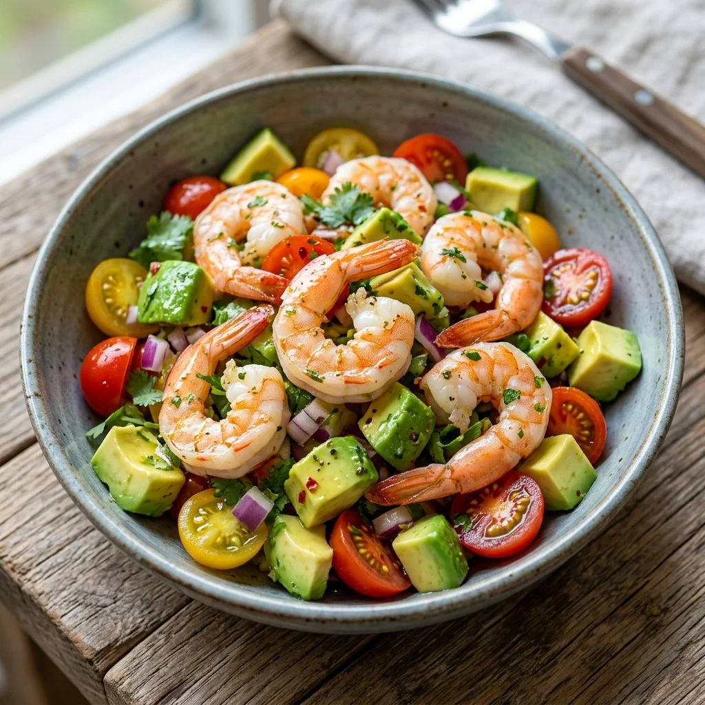 Fresh shrimp avocado salad with greens and cherry tomatoes served in a bowl.