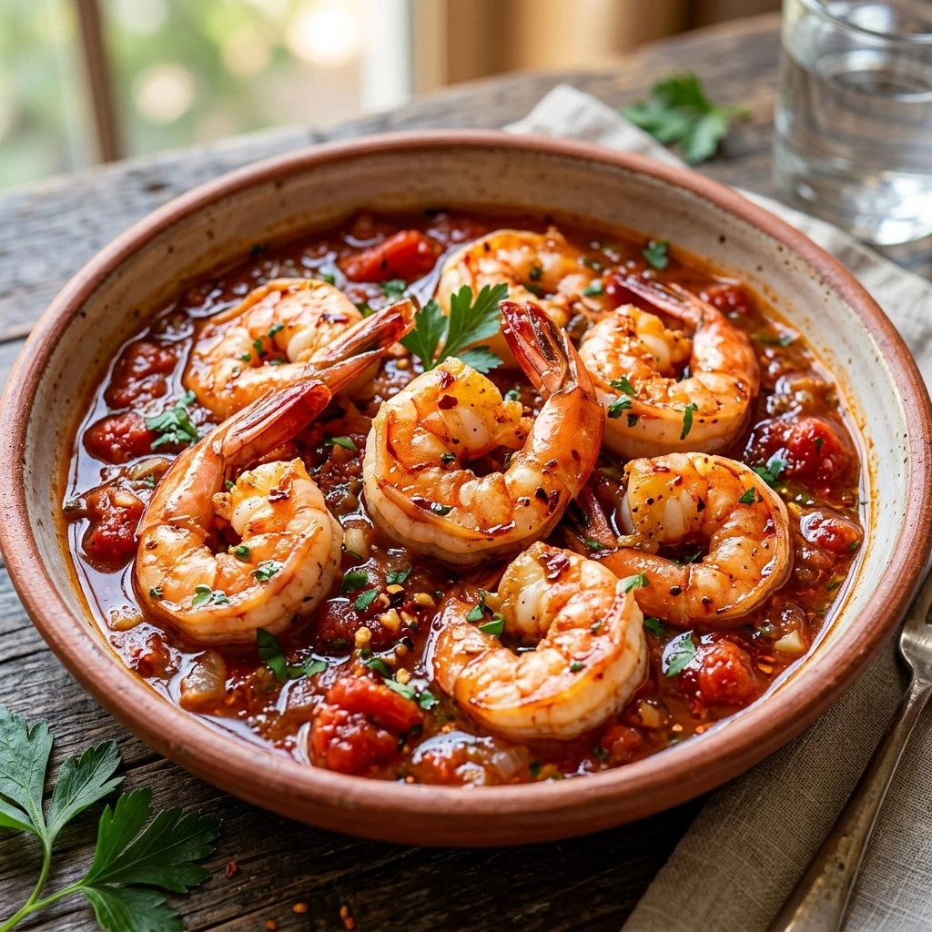 Plate of Spicy Shrimp Fra Diavolo garnished with herbs and served with pasta.