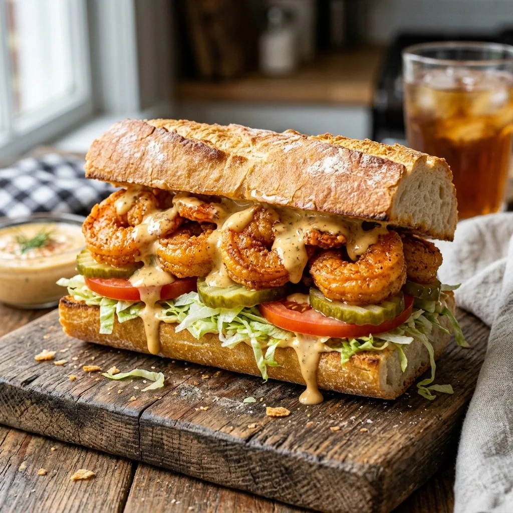 Delicious Shrimp Po Boy sandwich with crispy shrimp and fresh toppings