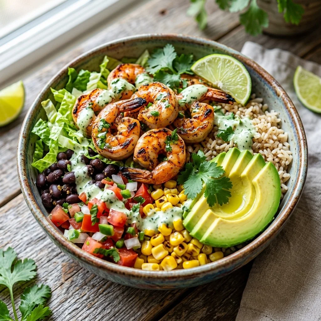 Shrimp taco bowls with fresh toppings and vibrant flavors