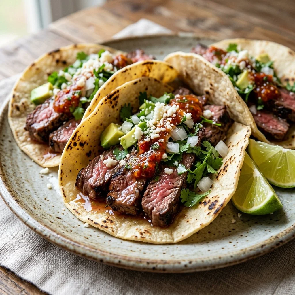 Delicious skirt steak tacos served with fresh toppings and garnishes.