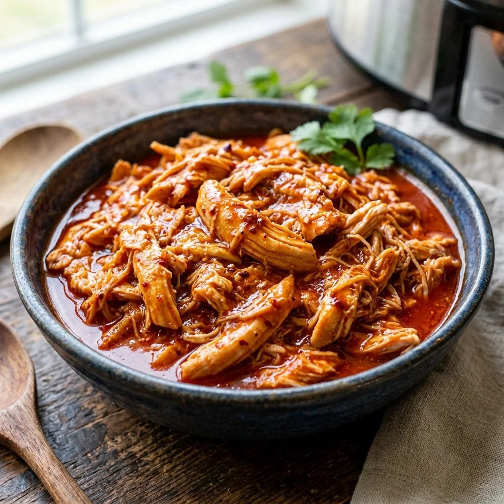 Delicious slow cooker buffalo chicken served with celery and blue cheese dressing