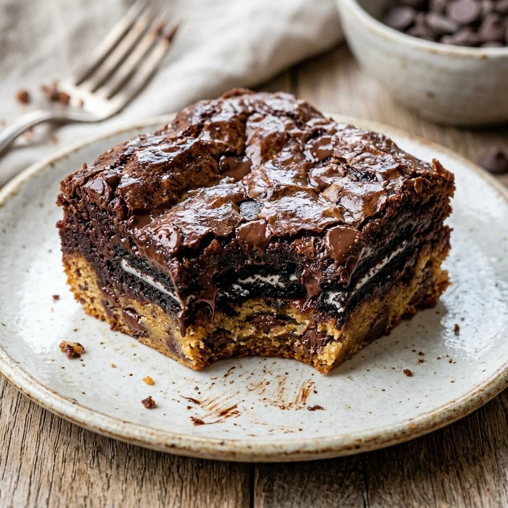 Decadent slutty brownies with layers of cookie dough, Oreos, and rich chocolate.