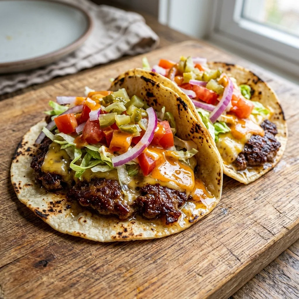 Close-up of smash burger tacos with juicy beef and fresh toppings