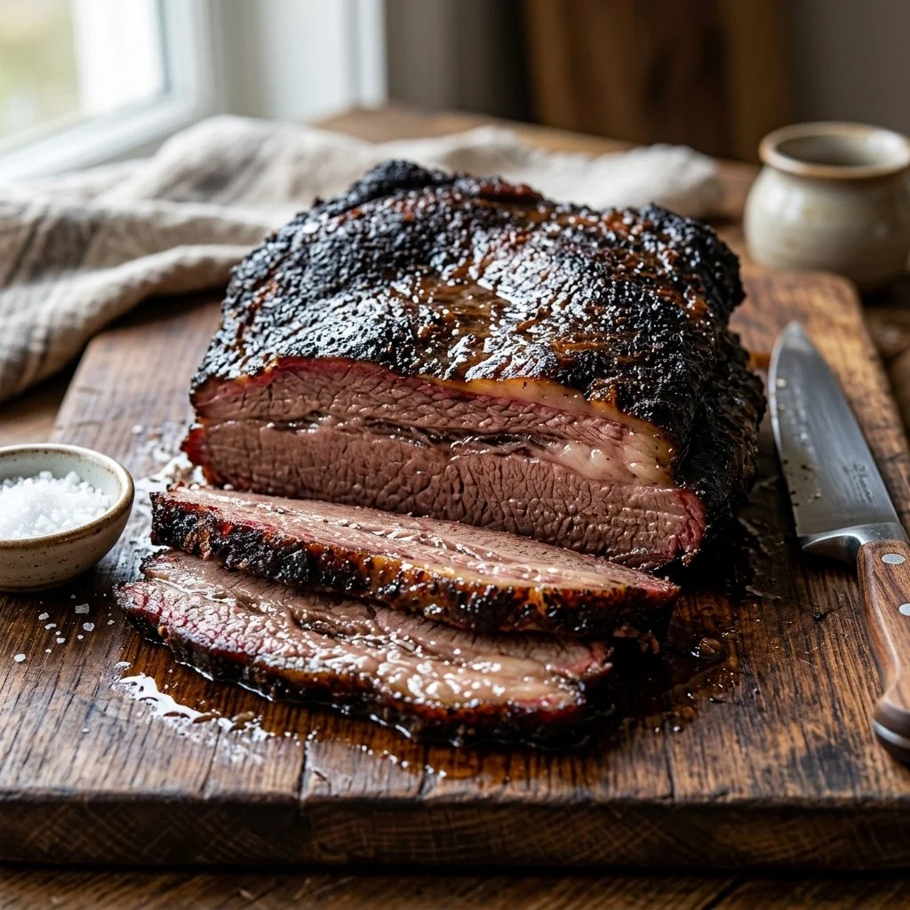Delicious smoked brisket resting on a cutting board with spices