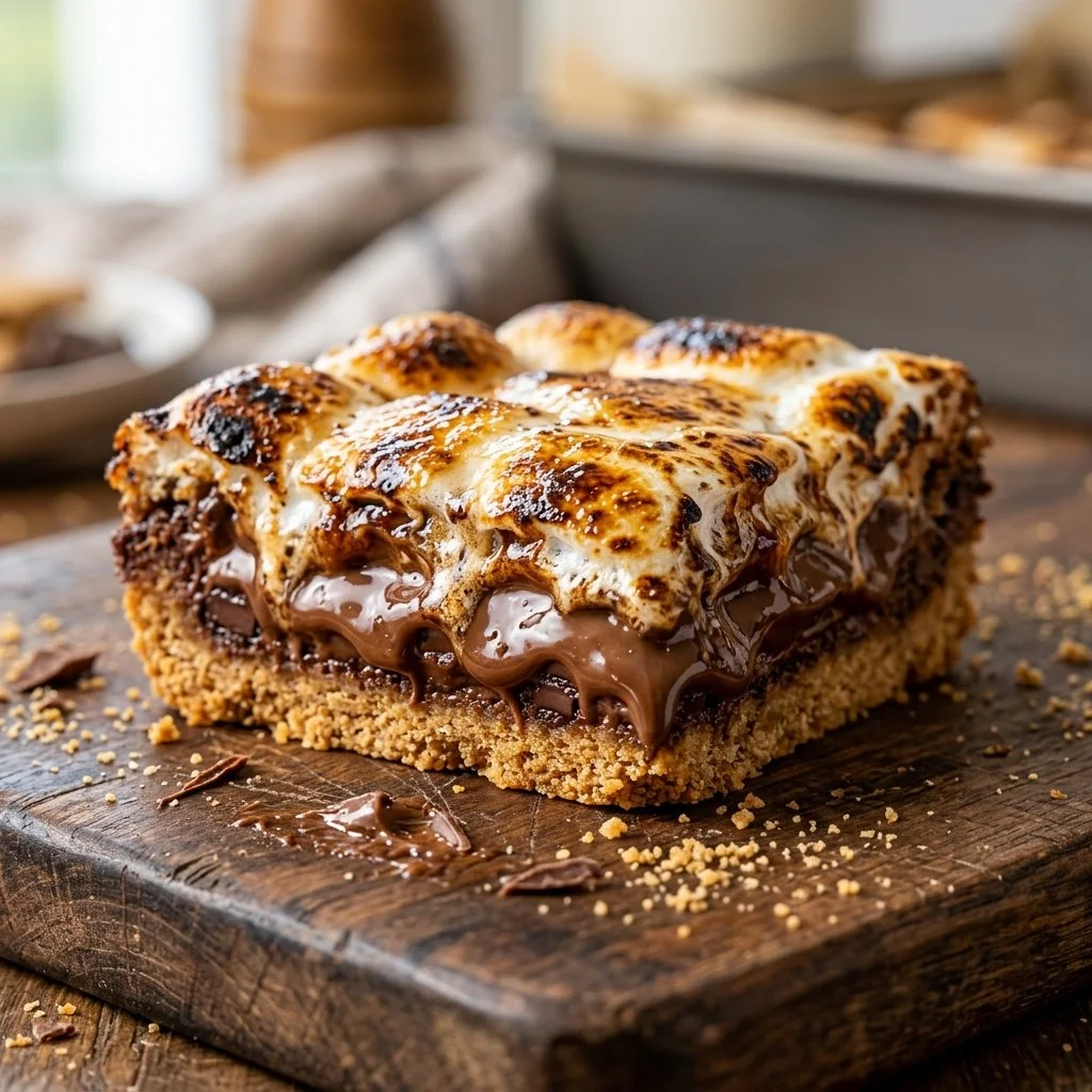 Delicious homemade S'mores Bars topped with chocolate and marshmallows
