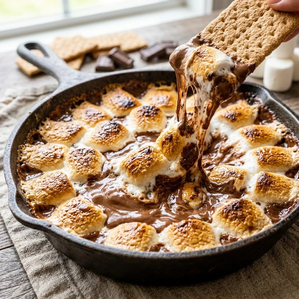 Delicious S'mores Dip with melted chocolate and toasted marshmallows
